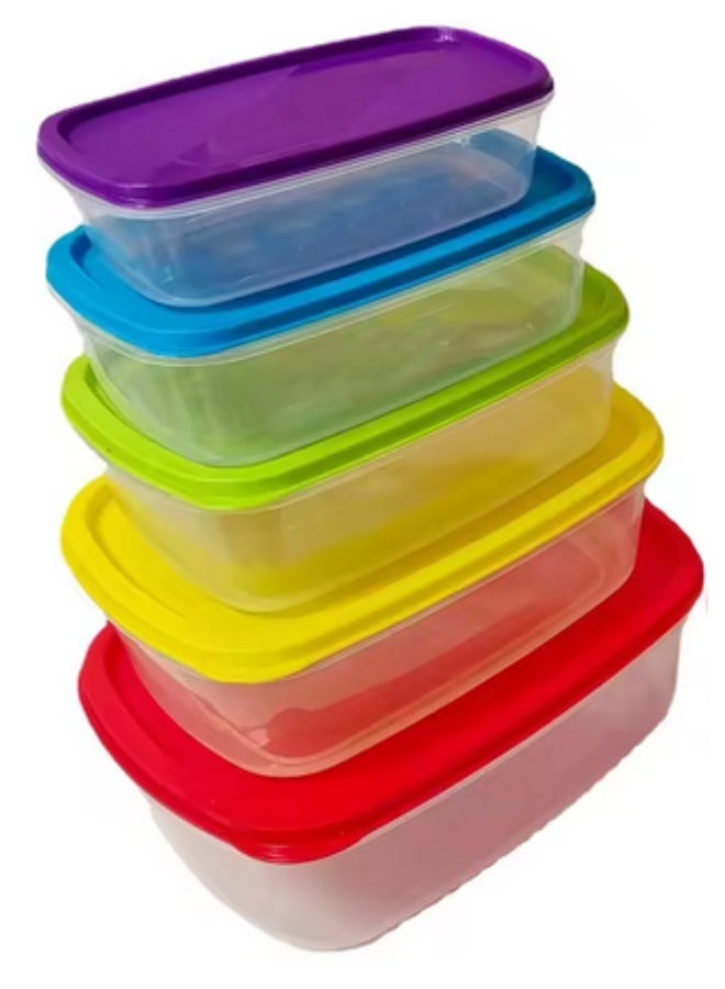 علب حفظ طعام بلاستيكية طقم من 5 قطع محكمة الغلق وقابلة لاعادة الاغلاق ومتعددة الاشكال والالوان (متعددة الالوان)